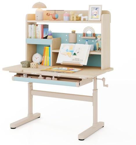 LIFEZEAL Schreibtisch Kinder, Kinderschreibtisch mit neigbarer Tischplatte, Studienschreibtisch mit Notenständer, Regal & Leseständer, Kindertisch für Mädchen & Jungen 3-12 Jahre (Blau)