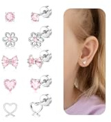DAILI Orecchini per ragazze, ipoallergenici, con retro piatto, per bambine e donne, in titanio leggero, con fiocco rosa, farfalla, cuore, fiore, zirconia cubica, con vite posteriore, per orecchie