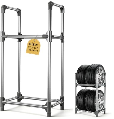 EXLECO Reifenständer 4 Reifen, 57x37x114cm Reifenregal, Felgenbaum für Autoreifen, Werkstattregal, Garage Reifenhalter, Felgenständer, Silbergrau Edelstahl, Tragkraft 200 kg
