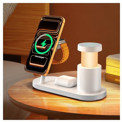 GEEKERA 25W 4-in-1 Charging Station: MagSafe wireless charger, inductive fast charger with LED night light for iPhone 17/16/15/14/13/12, Apple Watch 11-2, AirPods, includes cable&45W power adapter