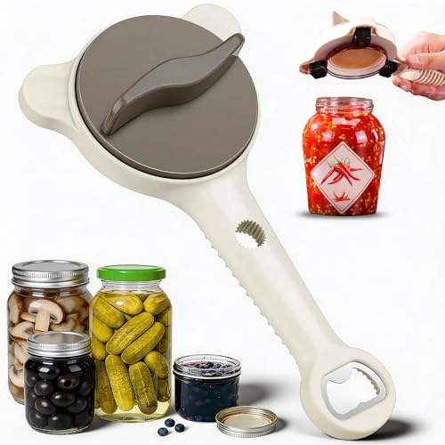 4 in 1 Jar Opener for Screw Tops Seniors, Bottle Can Lid Openers with 3 Steel Grippers, Open Tin Tool for Arthritis Weak Hands