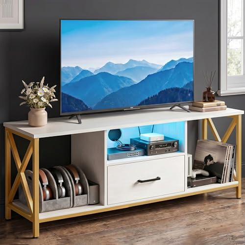 Blisswood 140cm LED TV Stand Cabinet for up to 65-inch TVs, Modern White TV Unit & Media Unit with RGB Lights Storage Shelves & Drawer, Industrial Entertainment Centre with Metal Frame for Living Room