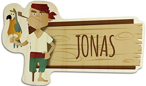 printplanet Türschild aus Holz mit Namen Jonas - Motiv Pirat - Namensschild, Holzschild, Kinderzimmer-Schild