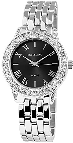 Excellanc Damen-Uhr Gliederarmband Metall Clipverschluss Strass Analog Quarz 1800037 (silberfarbig grau)