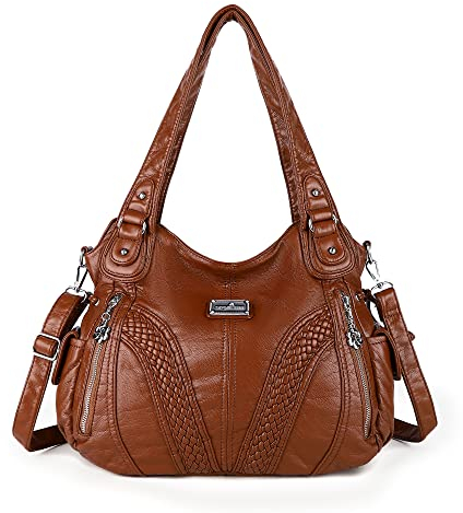 Angel Kiss Women Top Handle Satchel Handbags Shoulder Bag Messenger Tote Washed Leather Purses Bag (Brown) …