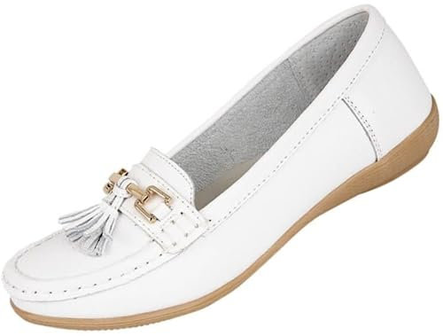 Ladies Nautical Wide FIT Leather Smart Loafer Tassel Moccasin Flat Slip On Comfort Shoe Size 4-8 (UK 8/ EU 41, White)