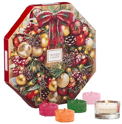 Yankee Candle set regalo Calendario dell'Avvento con 24 tea light profumate e 1 supporto per tea light in vetro, confezione regalo festiva a forma di ghirlanda