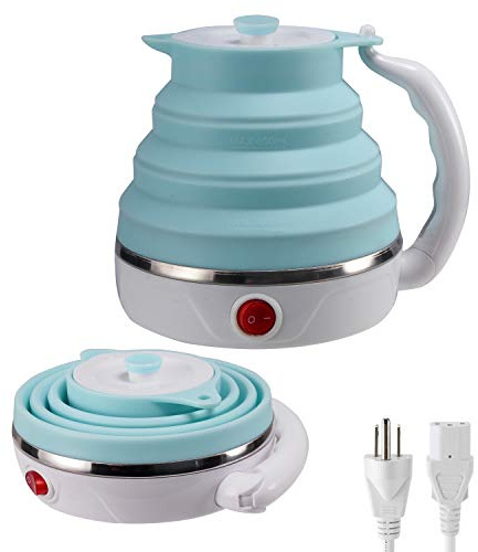 Travel Foldable Electric Kettle, Collapsible Electric Kettle Food Grade Silicone Small Pot Boiling water,Dual Voltage(600ml,110-220V US Plug) (Blue)