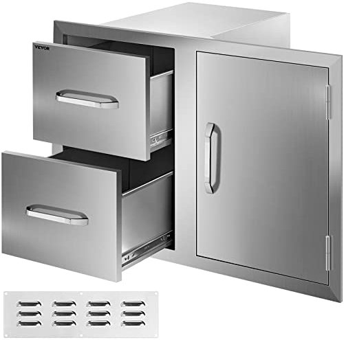 VEVOR Outdoor Kitchen Door Drawer Combo 32.5 W x 21.6 H x 20.5''D, Access Door/Double Drawers with Paper Towel Rack, BBQ Island Drawers with Stainless Steel Handles for Outdoor Kitchen