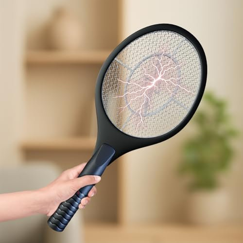 ASISNAI Raqueta matamoscas eléctrica y matamoscas para Control de Insectos en Interiores y Exteriores, Funciona con Pilas, Ligera y portátil, de Alto Voltaje, Color Negro
