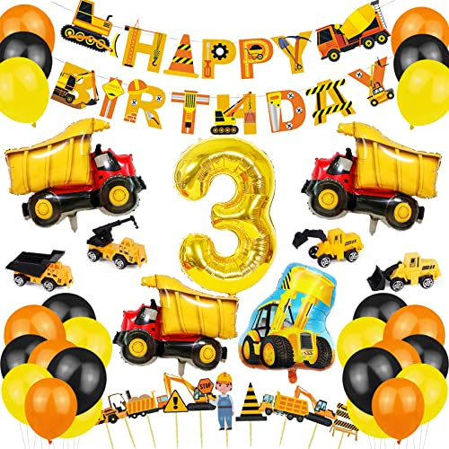 KABAHTOY 3rd Birthday Decorations for Boy, Construction Party Supplies, Digger Banner, Dump Truck and Digger Balloons, Cake Toppers, Orange Black Yellow Latex Balloons, Excavator Truck Bulldozer Crane