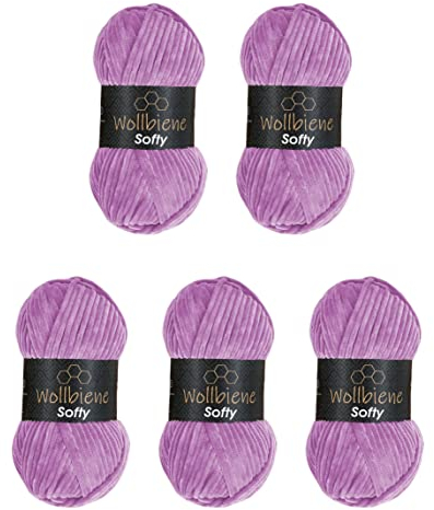 Wollbiene Softy 5 x 100 Gramm chenille wolle zum häkeln Strickwolle, Babywolle, 500 Gramm Chenille Wolle Super Bulky crochet yarn (flieder 21)
