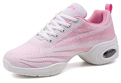 Chaussures de Jazz Femme Semelles Divisées Baskets de Danse Fille Respirant Maille Léger Dance Sneakers Running Shoes Blanc/Rose2 37