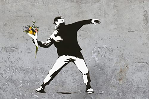 blumenwerfer banksy Bilder quer Grau- hochwertige Wandbilder, Streetart graffiti Kunstdruck I Wanddekoration, XXl Leinwandbilder I fertig zum Aufhängen (60x80 cm)