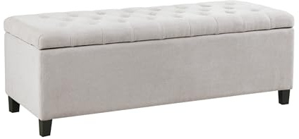 Madison Park 49 Upholstered Storage Bench, Button Tufted End of Bed Bench with Storage, Dual Spring Soft-Close Lid, Bedroom Bench for Queen King Bed, Entryway Living Room, Natural