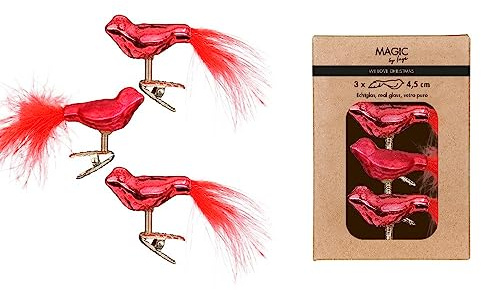 Christbaumschmuck Glas 4.5cm x 3 Stück Vögel auf Clip in Kartonbox rot Merry Red