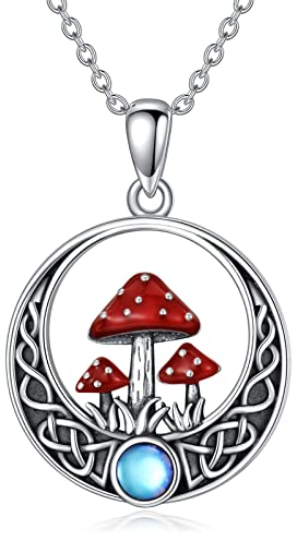 YAFEINI Pilz Kette Sterling Silber Keltischer Knoten Mond Pilz Anhänger Halskette Pilz Schmuck Geschenke für Damen