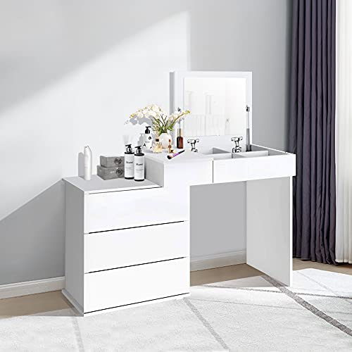 ML-Design Schminktisch Weiß, Frisiertisch mit Klappspiegel, 4 Schubladen & 4 Fächern, 117,5 x 78 x 45 cm, Kosmetiktisch für Damen & Mädchen, Frisierkommode aus MDF Holz, Schminkkommode Make-up Tisch