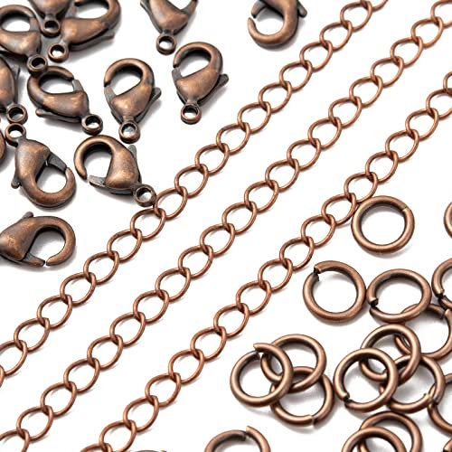 Spritewelry 10 m lange Kupferkette mit 30 Karabinerverschlüssen und 100 Binderinge für Halsketten, Armbänder, Schmuckzubehör, Basteln