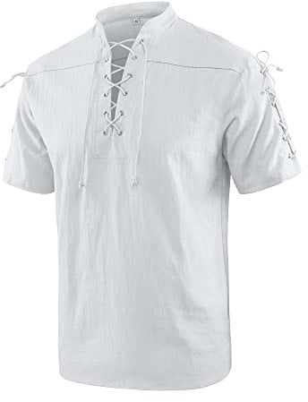 YAOBAOLE Leinen Hemd Herren Mitteralter Piratenhemd Cosplay Kostüm Schnürhemd Herren Mittelalter Weiß 2XL