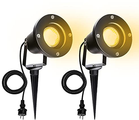 Herrselsam Gartenleuchte mit Erdspieß, 4W GU10 Gartenbeleuchtung LED mit Stecker, IP65 Wasserdicht Warmweiß 3000K Gartenstrahler, Dekorative Gartenlampe Beleuchtung (2 Stück)