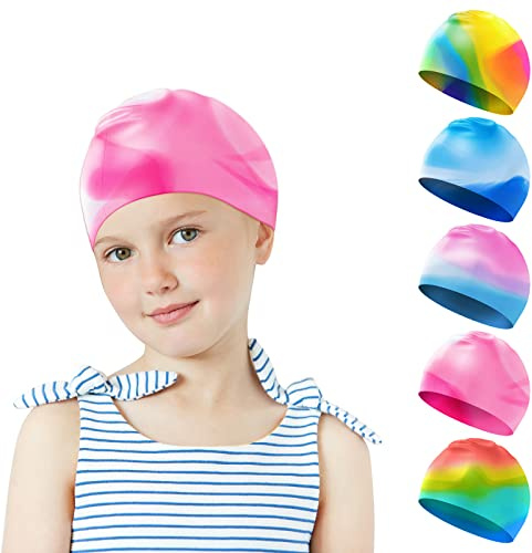 Darbermu Swim Cap kids, Silicone Swim Cap for Kids Children Boys and Girls, Stretchable and Comfortable Swimming Hats, Waterproof Bathing Caps for Long and Short Hair