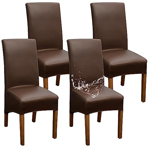 XL Stuhlhussen Wasserdicht PU Leder Stuhlbezüge Groß Stuhlbezug Universal Abnehmbarer Waschbarer Stühle Schutz (Kaffee,6 Stück)