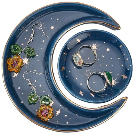 AHANDMAKER Plato de joyería de sol y luna, plato decorativo de cerámica para joyas, bandeja de soporte azul medianoche para almacenar anillos, aretes, collares, piedras de cristal