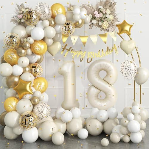 18th Birthday Decorations for Sand White Gold,18th Birthday Balloon Arch Garland Kit With Number 18 Foil Balloons for Girl Boy 18 Party Decoration