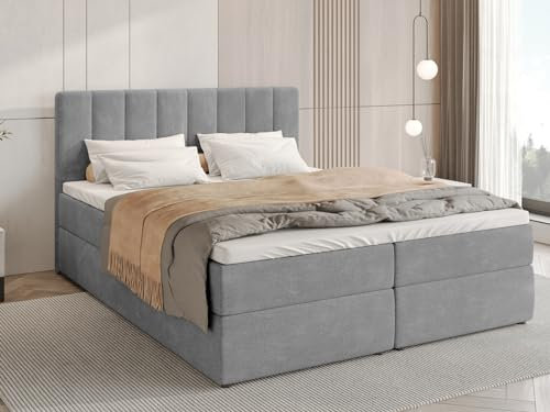 BROMARKT Boxspringbett mit Bettkasten Polsterbett mit Bonell-Matratze und Topper Doppelbett mit Stauraum Bett für Schlafzimmer gepolstertes Kopfteil Denver 180x200 Härtegrad H3 Flachgewebe Hellgrau