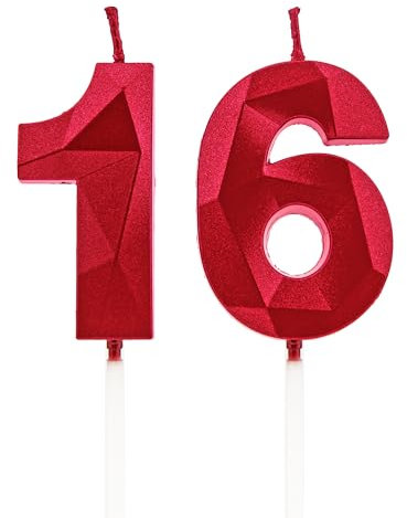 16th Birthday Candles, Red Number Candles Birthday Decoration, Happy Birthday Cake Toppers, for Birthday Parties Weddings Company Anniversaries (Red, 16)