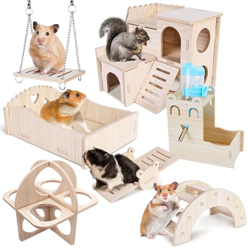 BORDEAG Hamster Haus aus Holz, 8 Stück Hamster Spielzeug, Hamsterhaus, DIY Hamster Versteck Haus, Spielzeug für Hamster, Brücke Wippe Schaukel Hamster Zubehör für Meerschweinchen, 80 ml Trinkflasche