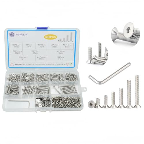 WZHUIDA 630 Stück M3 Schrauben Set, Edelstahl Senkkopfschrauben Metrisch Innensechskant Schrauben Muttern und Unterlegscheiben Sortiment Set, Gewindemaschinen Sechskantschrauben