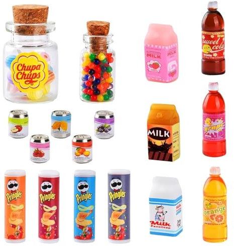 21 Stück Miniatur Essen und Trinken, Miniatur Puppenhaus Zubehör Wichtel Zubehör Küche, 1:12 Miniatur Lebensmittel Set Mini Food Miniatur Deko Weihnachten