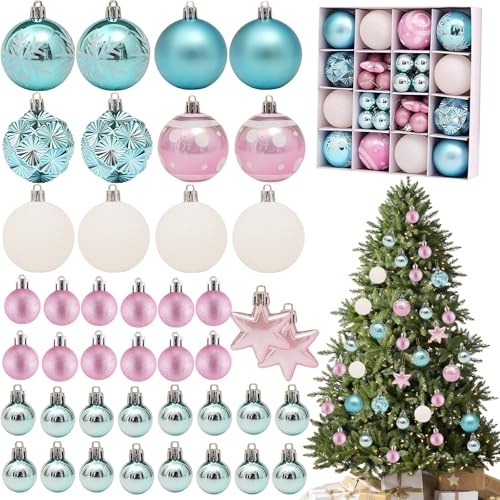 42pcs Christmas Tree Decorations Baubles,Blue Pink Xmas Ball Ornaments 3cm 6cm Mini Baubles Hanging Ball Plastic Christmas Bauble for Xmas Tree Decorations,Home Party,Wedding Decor