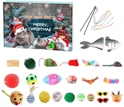 HoveeLuty Weihnachts-Adventskalender 2024, 24-tägiger Katzen-Adventskalender mit verschiedenen Katzenspielzeugen, interaktives Weihnachts-Countdown-Kalenderspielzeug für Katzenliebhaber, We