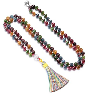 JSDDE 108 Mala Kette Turmalin Edelsteine Gebetskette mit Handgeknüpfte Quaste Lotus Charm Anhänger Gebetsarmband Wickelarmband Heilung Reiki Yoga Kette Halskette Glücksbringer