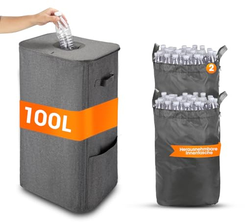 Cong.Lai 100L Pfandflaschen Sammelbehälter mit Deckel: Groß Pfandflaschen Aufbewahrung 2 Tragetasche - Faltbar und Wasserdicht mit Griffen Leergut Sammelbehälter & Altglas Aufbewahrung Grau