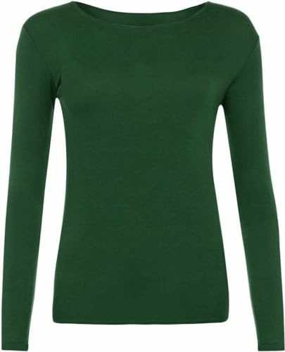 Cloth Garage® Women Ladies Long Sleeve Round Neck Plain Top Stretchy Casual Summer T-Shirts Basic Slim fit Tee Tops UK Plus Size 8-26 Bottle Green