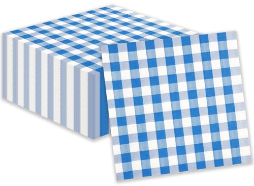 40 Stück Gingham Servietten, Blau karierte Cocktailservietten Einweg-Papierservietten Getränkeservietten für Restaurant Bar Picknick Geburtstag Hochzeitstag Dekorationen, 25x25cm