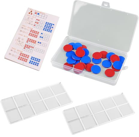 KINHARD Wendeplättchen Rot Blau, 50 Stück 25 mm Mathematik Wendeplättchen Zählchips, Rund Doppelseitig Plättchen Rot Blau Plastik, mit Zehner-Raster, für Lernen Zählen, Addition und Subtraktion