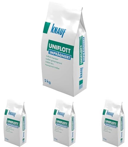 Knauf Uniflott imprägniert Gipsspachtel-Masse zum Verspachteln von imprägnierten Gipsplatten mit HRK bzw. HRAK ohne Fugen-Deckstreifen, 5 kg – Spezial-Gips, wasser-abweisende Spachtel-Masse