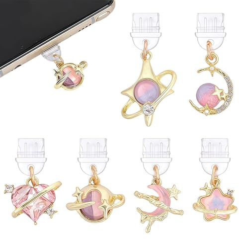 Muorruo Lot de 6 Bouchons Anti-poussière Y2K, pendentifs esthétique Fantastique, Compatible avec Kindle et Prise de Charge téléphone Type C/USB C, Cadeau coquet, Accessoires pour iPhone 16/15, Rose