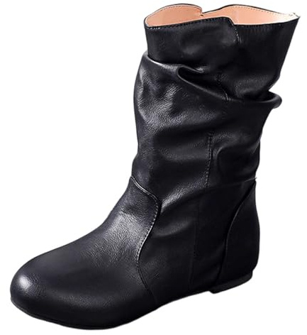 2025 Botas de mujer de moda con caña media altura. Cómodo diseño sin cordones para ocasiones informales. Estilo clásico de cuero monocromático versátil. Perfecto para todas las niñas 29 30, Negro