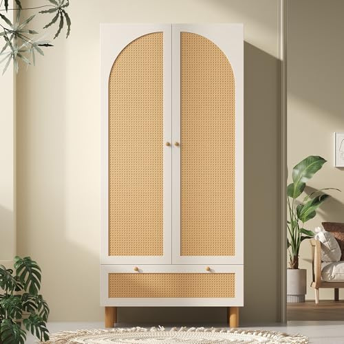 Soweiz Kleiderschrank Garderobenschrank mit 2 Türen & Rattan, mit großer Schublade, höhenverstellbaren Regalen & Kleiderstange, Kippsicherung, 180x85x52 cm (H/B/T)