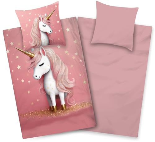 Aminata kids Bettwäsche Einhorn 135x200 Mädchen Mikrofaser 100% Polyester | Kinder Wende-Bettwäsche Unicorn mit Reißverschluss - Bügelfrei - vorteilhaft für Allergiker - rosa weiß