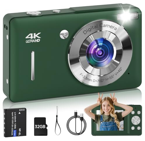 Digital Camera for Kids, FHD 1080P 44MP Point and Shoot Digital Camera with Face Detect, Smile Capture, 16X Zoom, 20 Filters, Anti Shake, 32GB SD Card Green Compact Vintage Camera