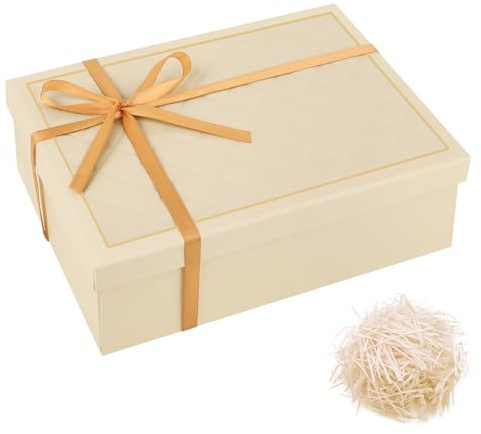 Geschenkbox, Beige Geschenkbox mit Deckel 22 x 18 x 8,5cm Geschenkboxen | mit Schleife, Raffia und Grußkarte, Geschenkkarton für Geburtstag, Weihnachten und Valentinstag
