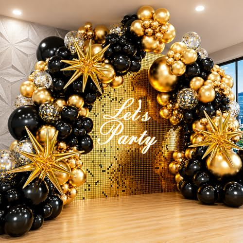 Luxury Black and Gold Balloon Arch Kit - 132 Pcs Garland With Explosion Star, Fishing Line, Glue Dots, Ribbon & Straw for Wedding Birthday Anniversary New Year Graduation Kids Party Decoration