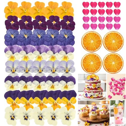 Celblisora 72 Stück Natürlich Getrocknete Gepresste Essbare Blumen,Stiefmütterchen,Herzform Rosenblütenblätter,Getrocknete Orange für Cocktails Kuchendekoration Bastelarbeiten
